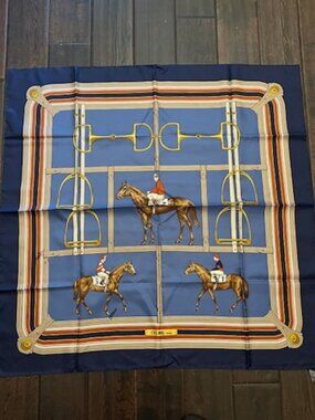 Celine Paris Silk Scarf Equestrian Horse Print Blue 34” Square Authenticated